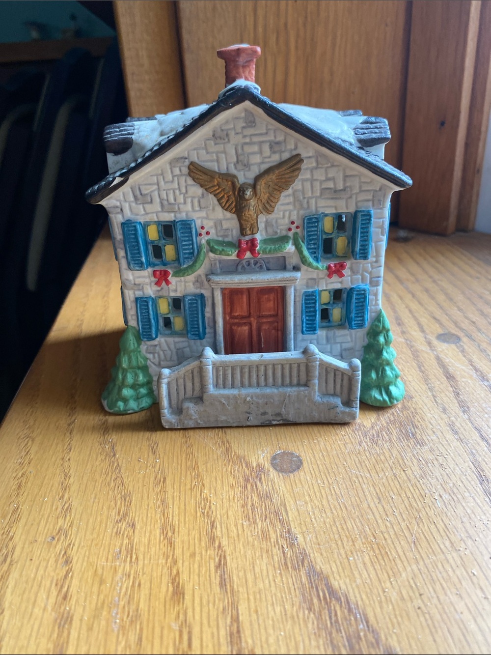 Holiday Ceramic House Figurine with Blue Shutters